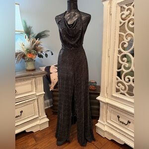 Sincerely Jules Black Sequin glam halter jumpsuit Metallic wide leg one piece XS